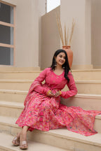 Juniper Fuchsia Embroidered & Printed Layered Dress Set with Dupatta | Grocsy