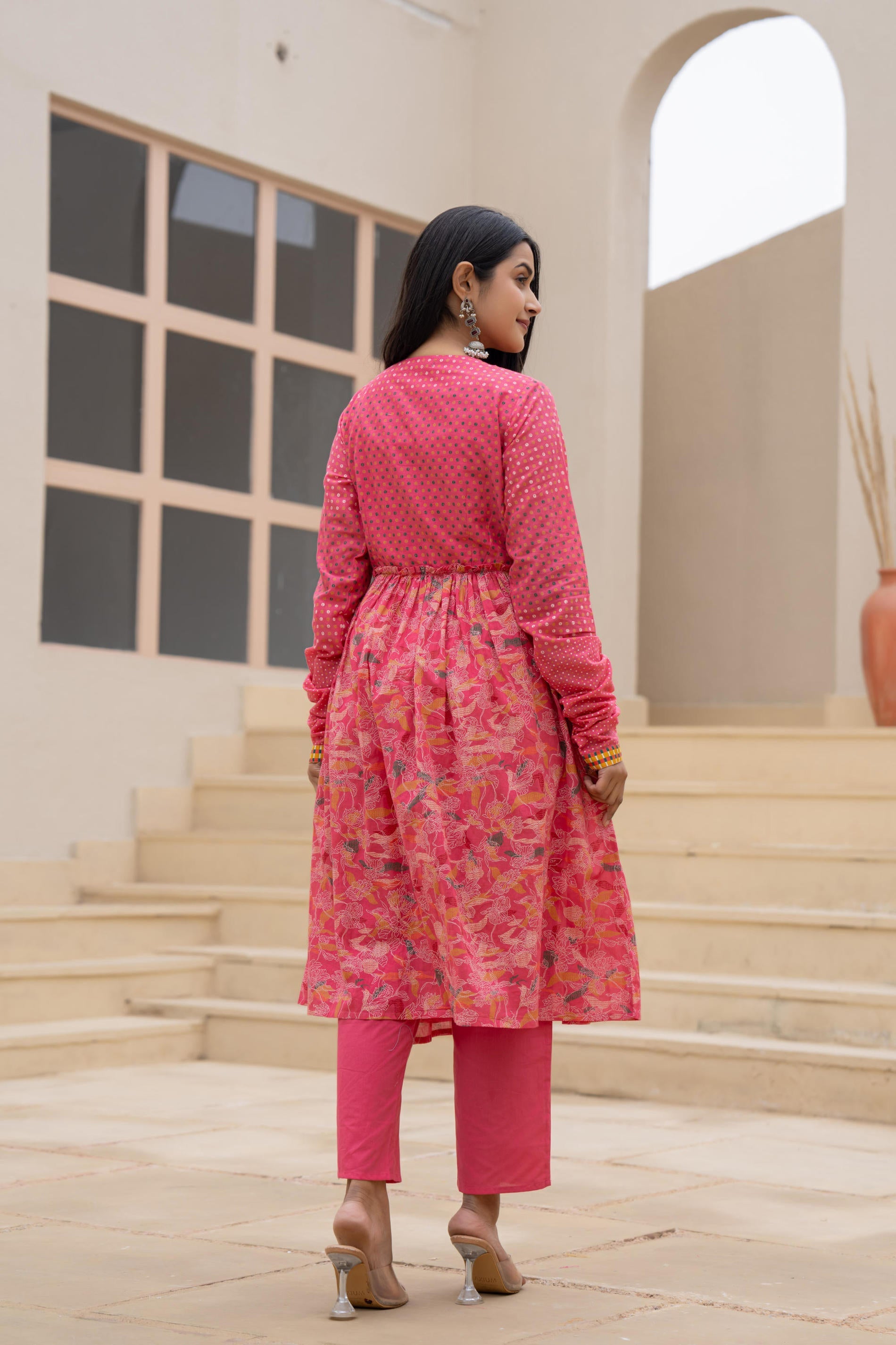 Juniper Fuchsia Embroidered & Printed Layered Dress Set with Dupatta | Grocsy