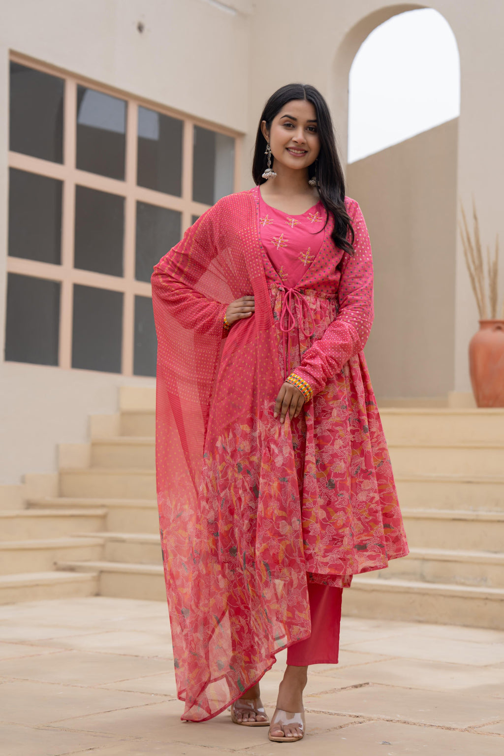 Juniper Fuchsia Embroidered & Printed Layered Dress Set with Dupatta | Grocsy
