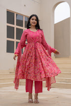 Juniper Fuchsia Embroidered & Printed Layered Dress Set with Dupatta | Grocsy
