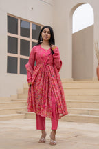 Juniper Fuchsia Embroidered & Printed Layered Dress Set with Dupatta | Grocsy