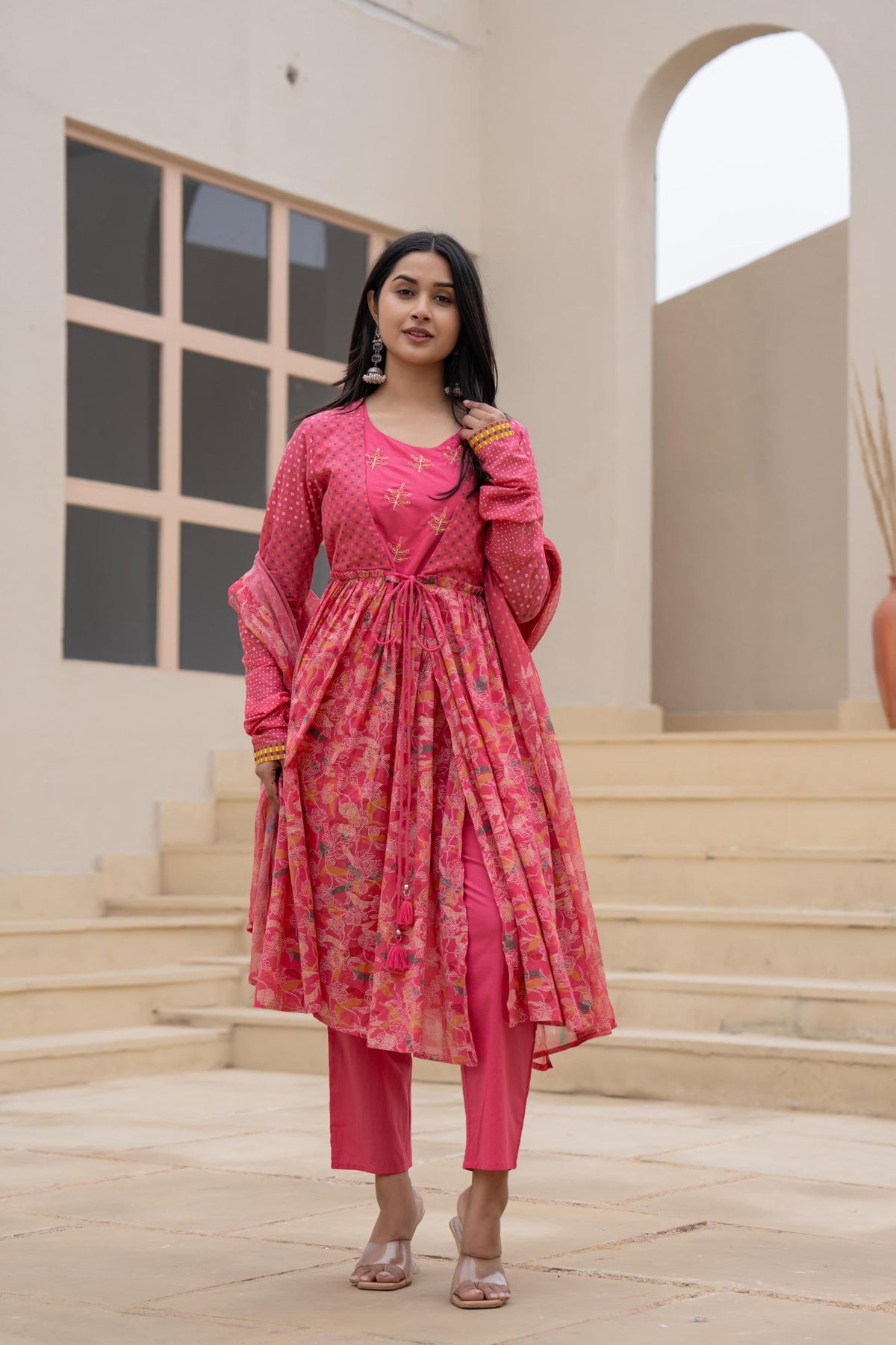 Juniper Fuchsia Embroidered & Printed Layered Dress Set with Dupatta | Grocsy