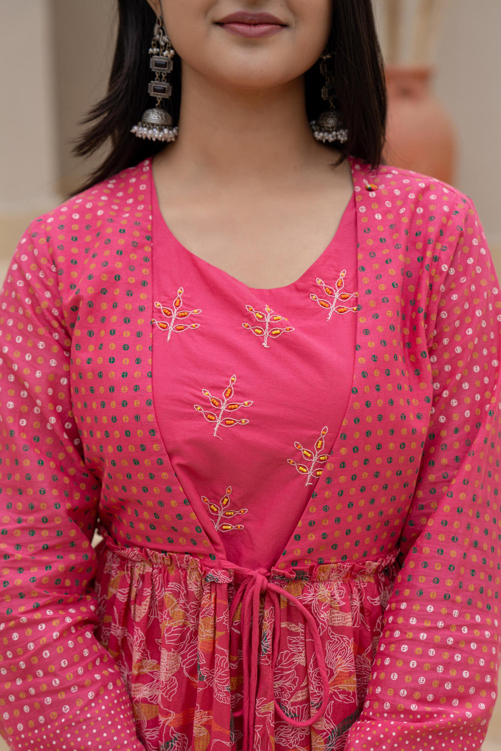 Juniper Fuchsia Embroidered & Printed Layered Dress Set with Dupatta | Grocsy