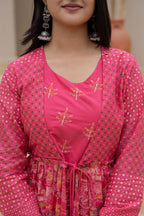Juniper Fuchsia Embroidered & Printed Layered Dress Set with Dupatta | Grocsy