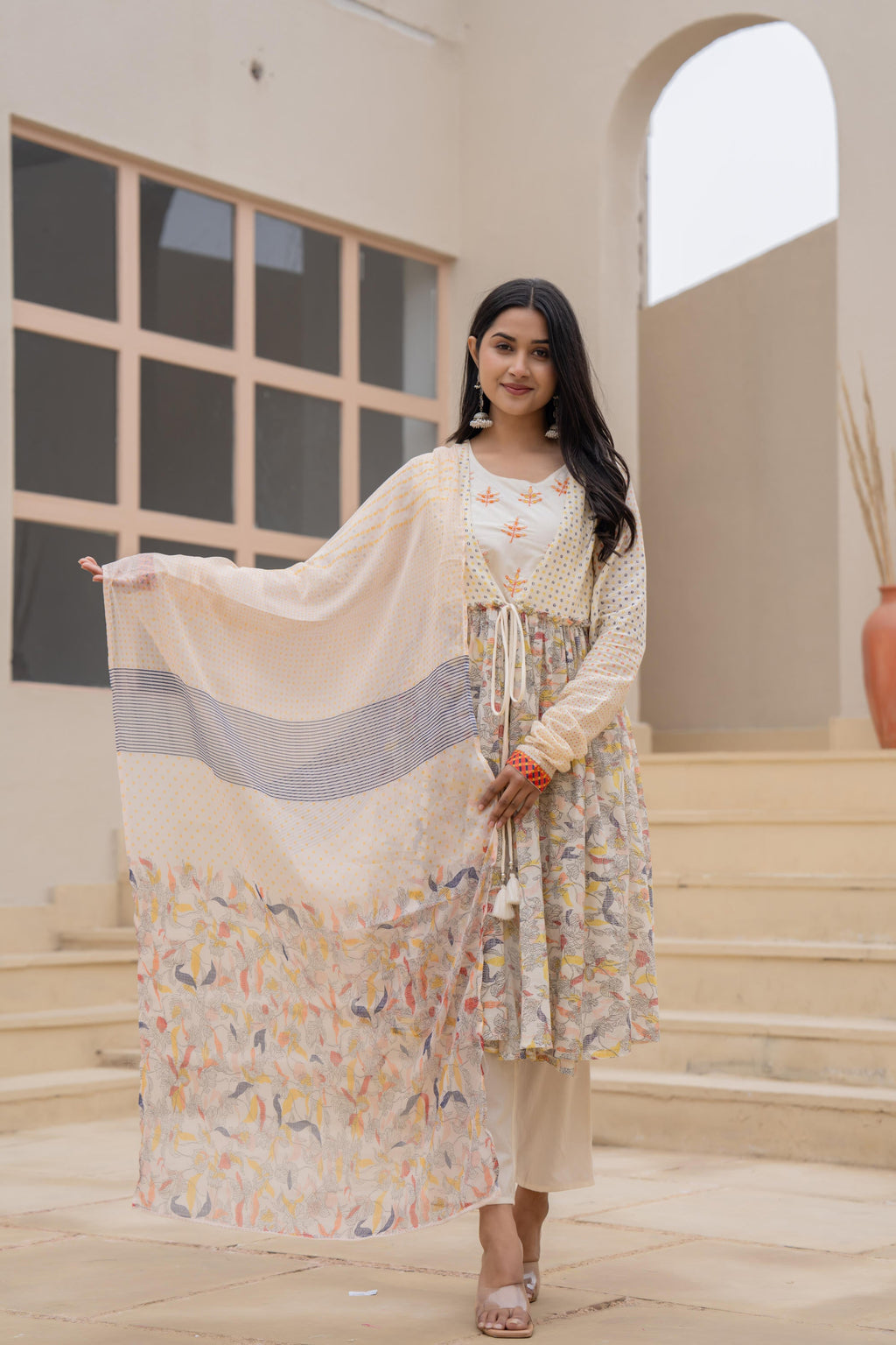 Juniper Ivory Embroidered & Printed Layered Dress Set with Dupatta | Grocsy