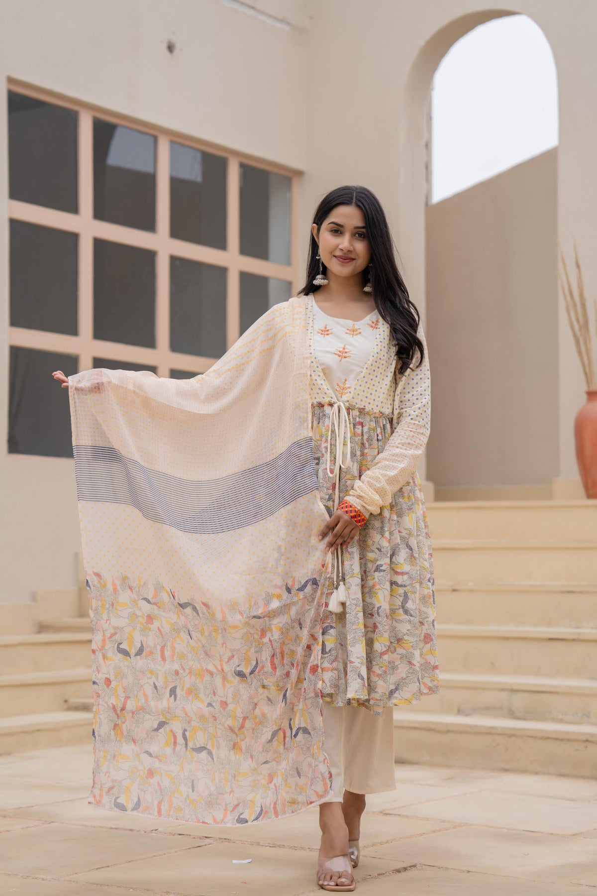 Juniper Ivory Embroidered & Printed Layered Dress Set With Dupatta | Grocsy