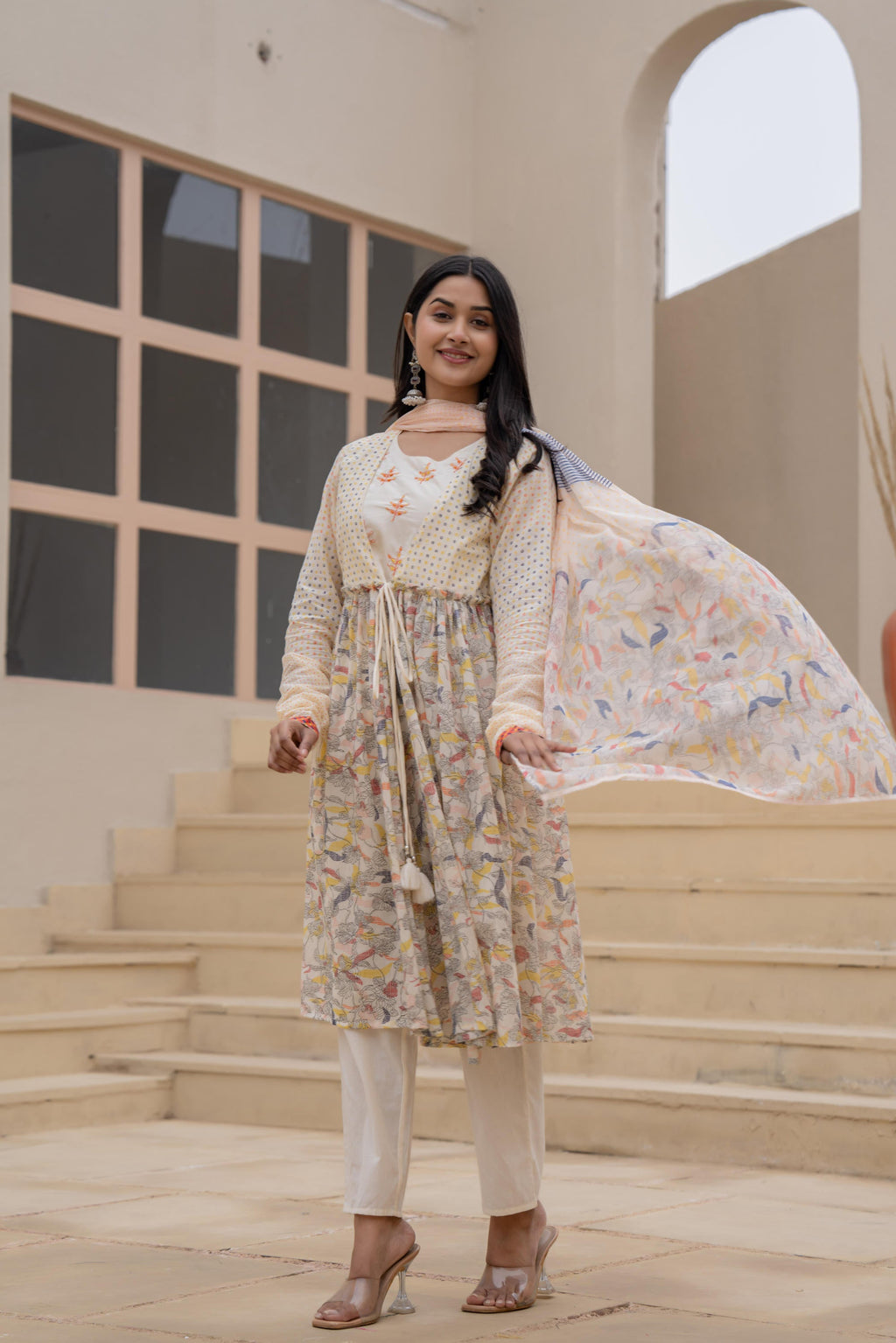 Juniper Ivory Embroidered & Printed Layered Dress Set with Dupatta | Grocsy