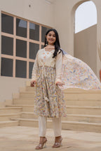 Juniper Ivory Embroidered & Printed Layered Dress Set with Dupatta | Grocsy