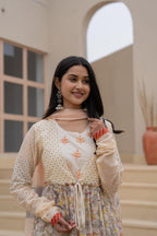 Juniper Ivory Embroidered & Printed Layered Dress Set with Dupatta | Grocsy