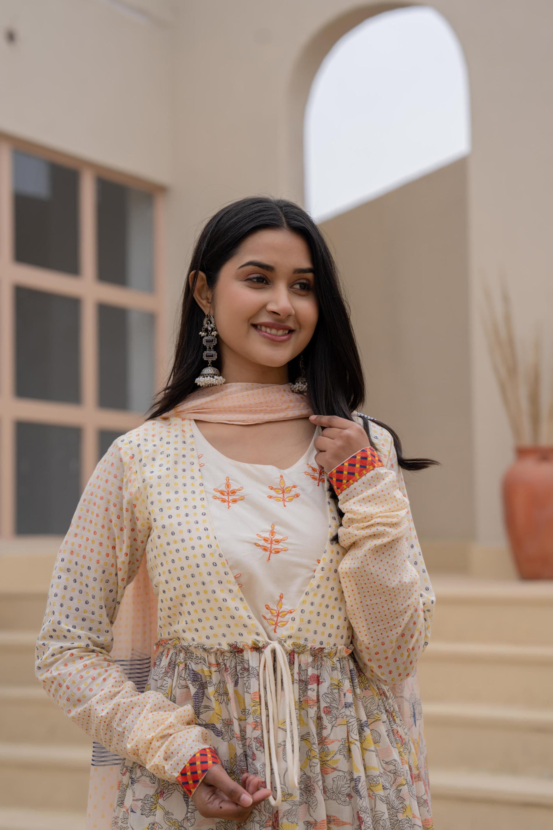 Juniper Ivory Embroidered & Printed Layered Dress Set with Dupatta | Grocsy