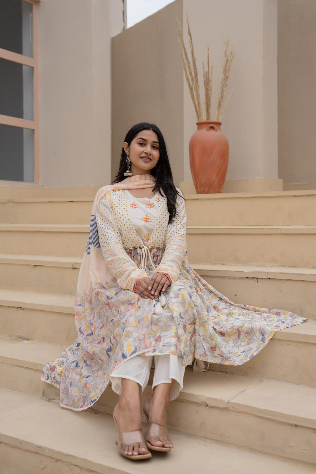 Juniper Ivory Embroidered & Printed Layered Dress Set with Dupatta | Grocsy