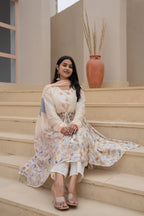 Juniper Ivory Embroidered & Printed Layered Dress Set with Dupatta | Grocsy