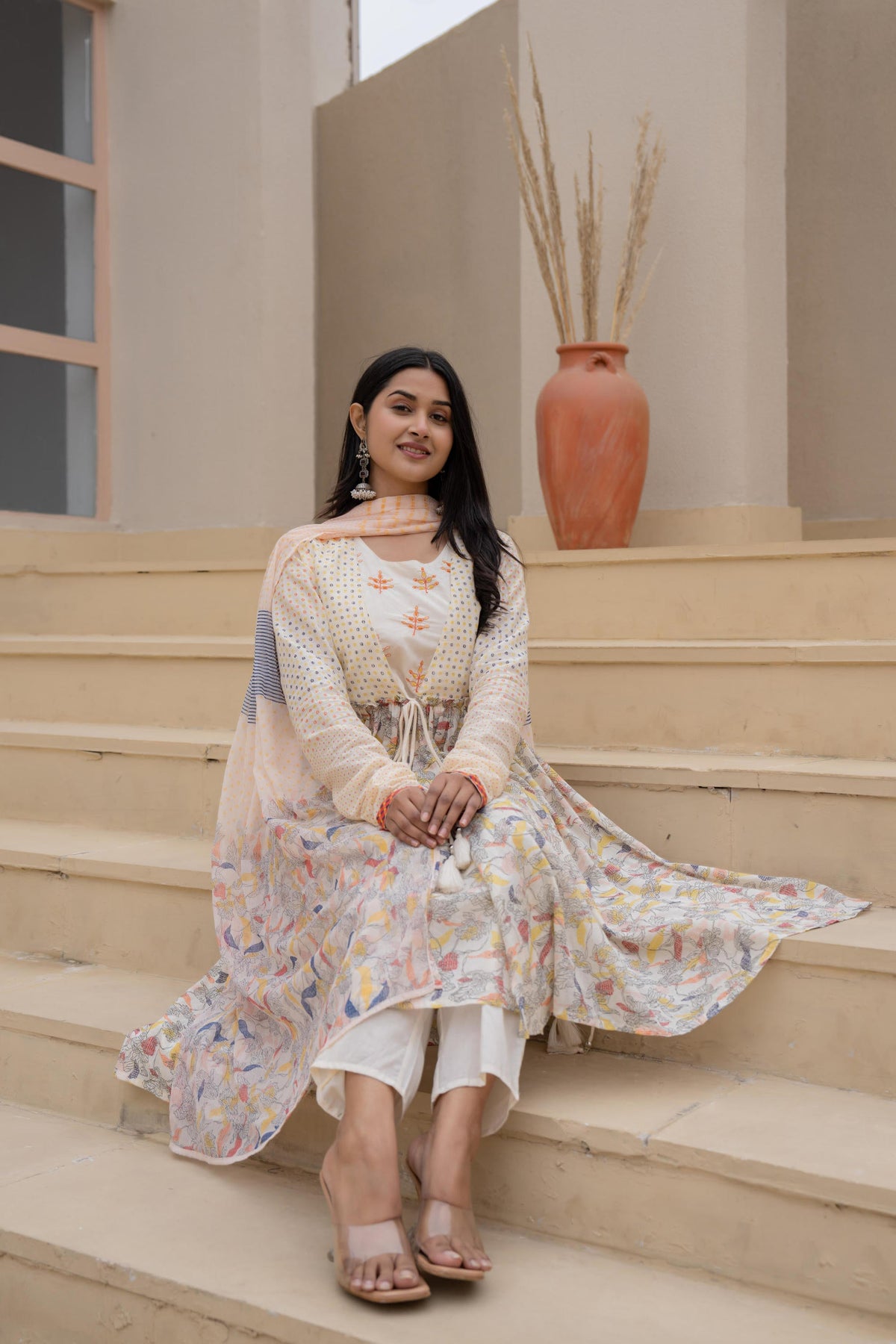 Juniper Ivory Embroidered & Printed Layered Dress Set with Dupatta | Grocsy