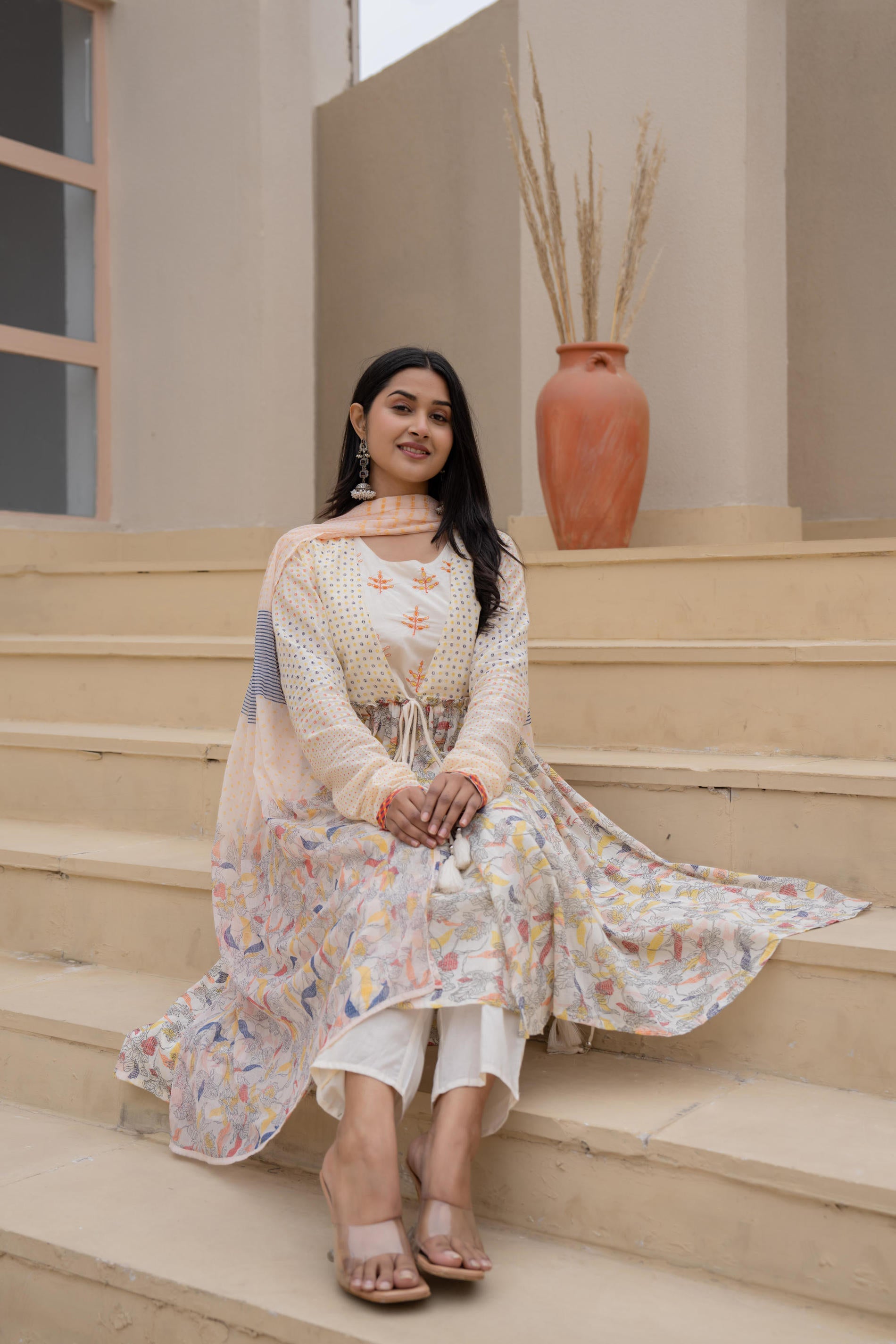 Juniper Ivory Embroidered & Printed Layered Dress Set With Dupatta | Grocsy