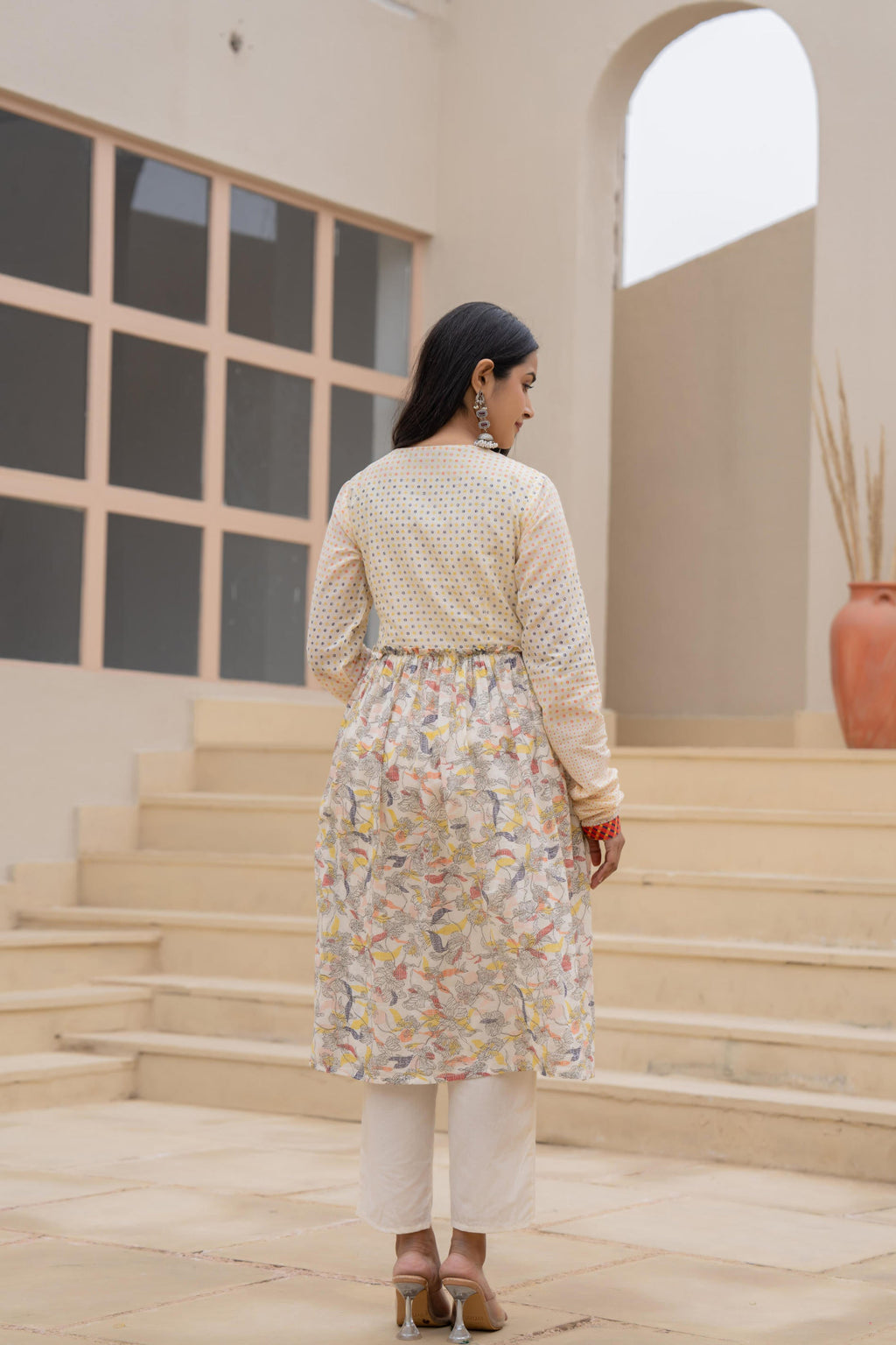 Juniper Ivory Embroidered & Printed Layered Dress Set with Dupatta | Grocsy