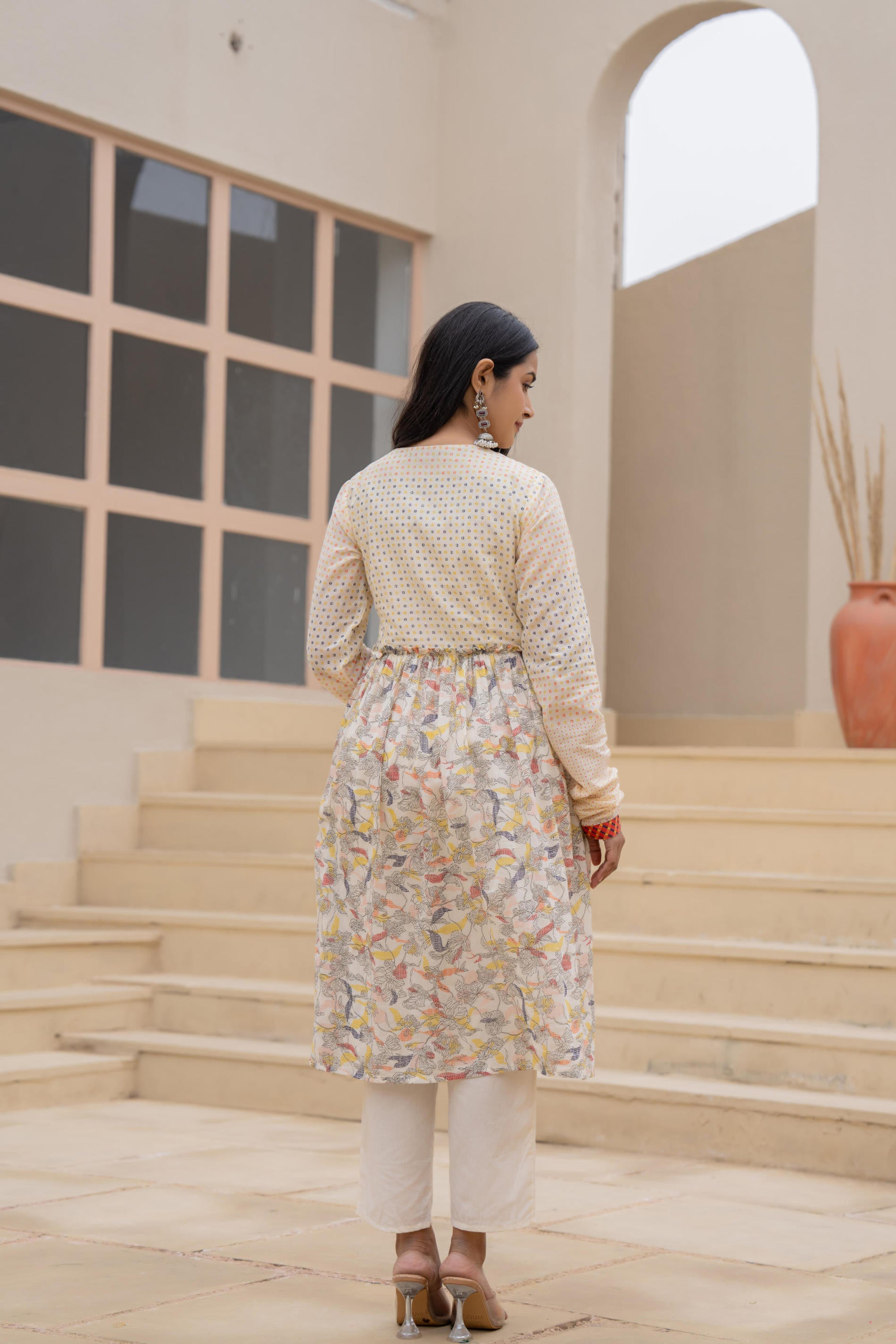 Juniper Ivory Embroidered & Printed Layered Dress Set With Dupatta | Grocsy