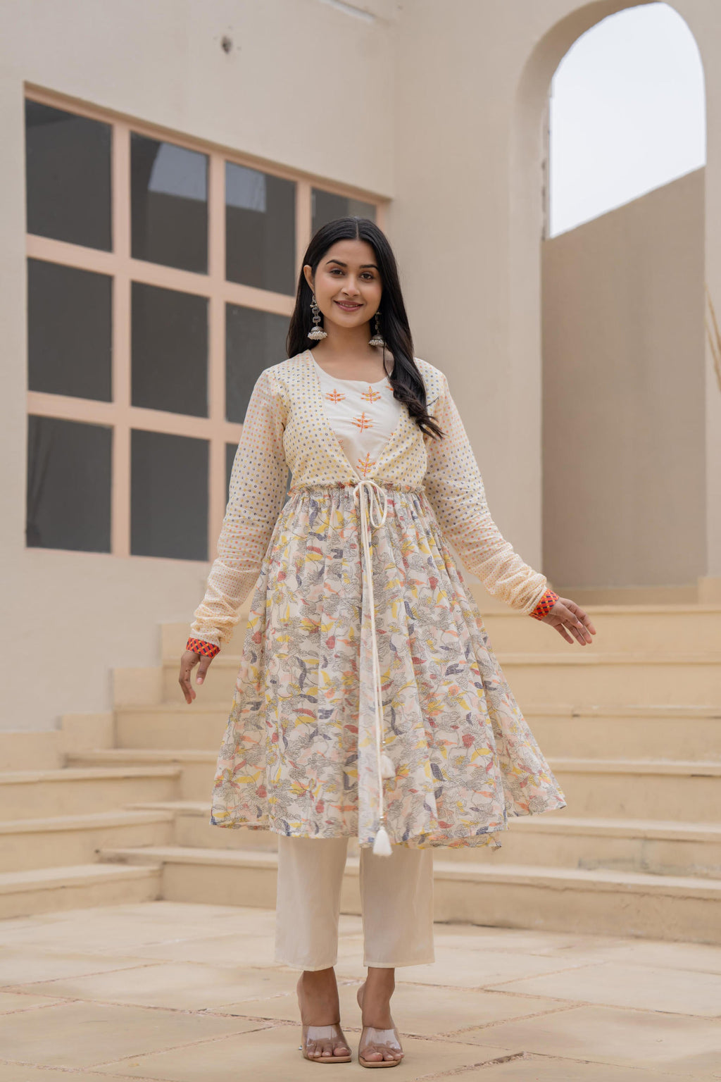 Juniper Ivory Embroidered & Printed Layered Dress Set with Dupatta | Grocsy
