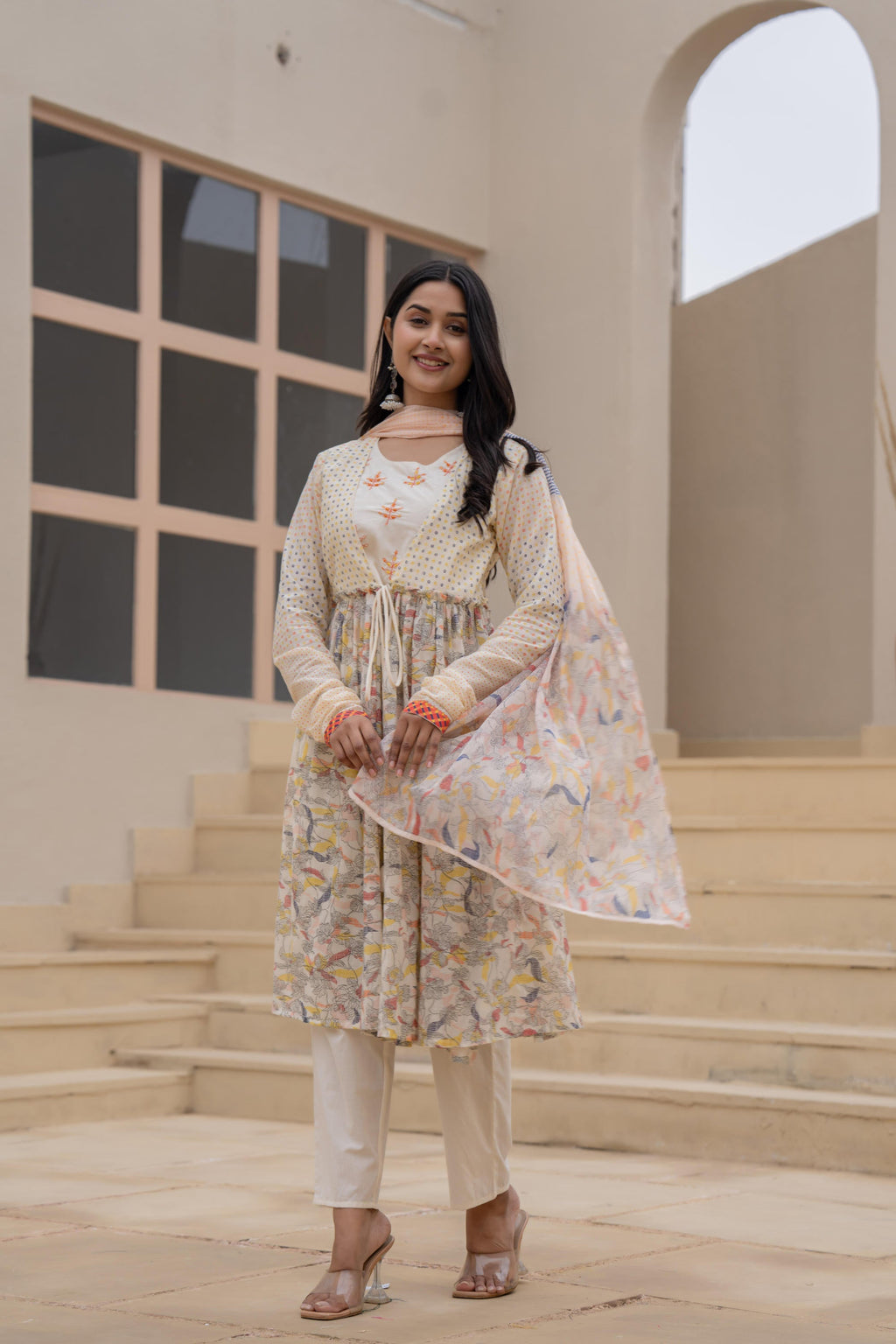 Juniper Ivory Embroidered & Printed Layered Dress Set with Dupatta | Grocsy