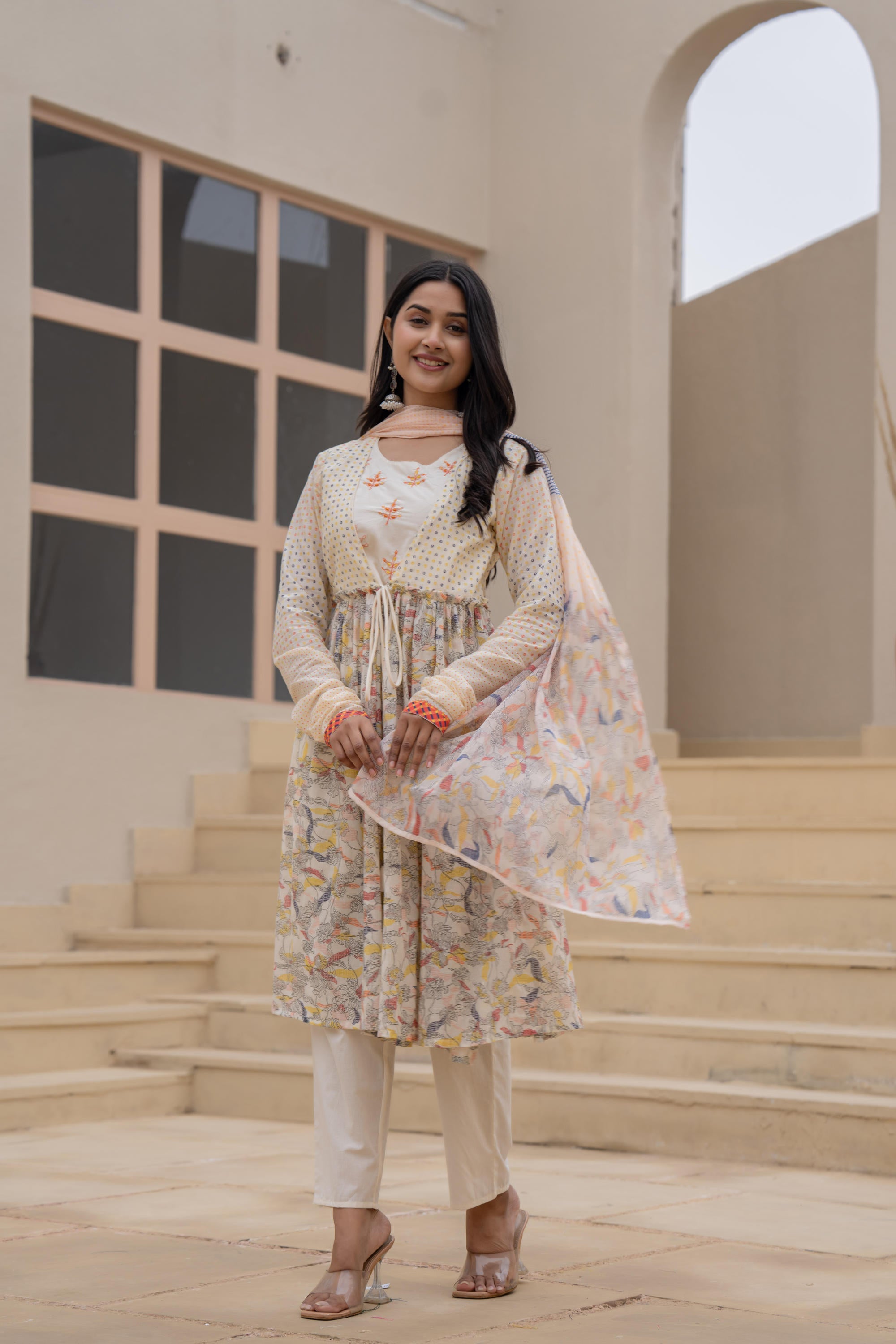 Juniper Ivory Embroidered & Printed Layered Dress Set with Dupatta | Grocsy