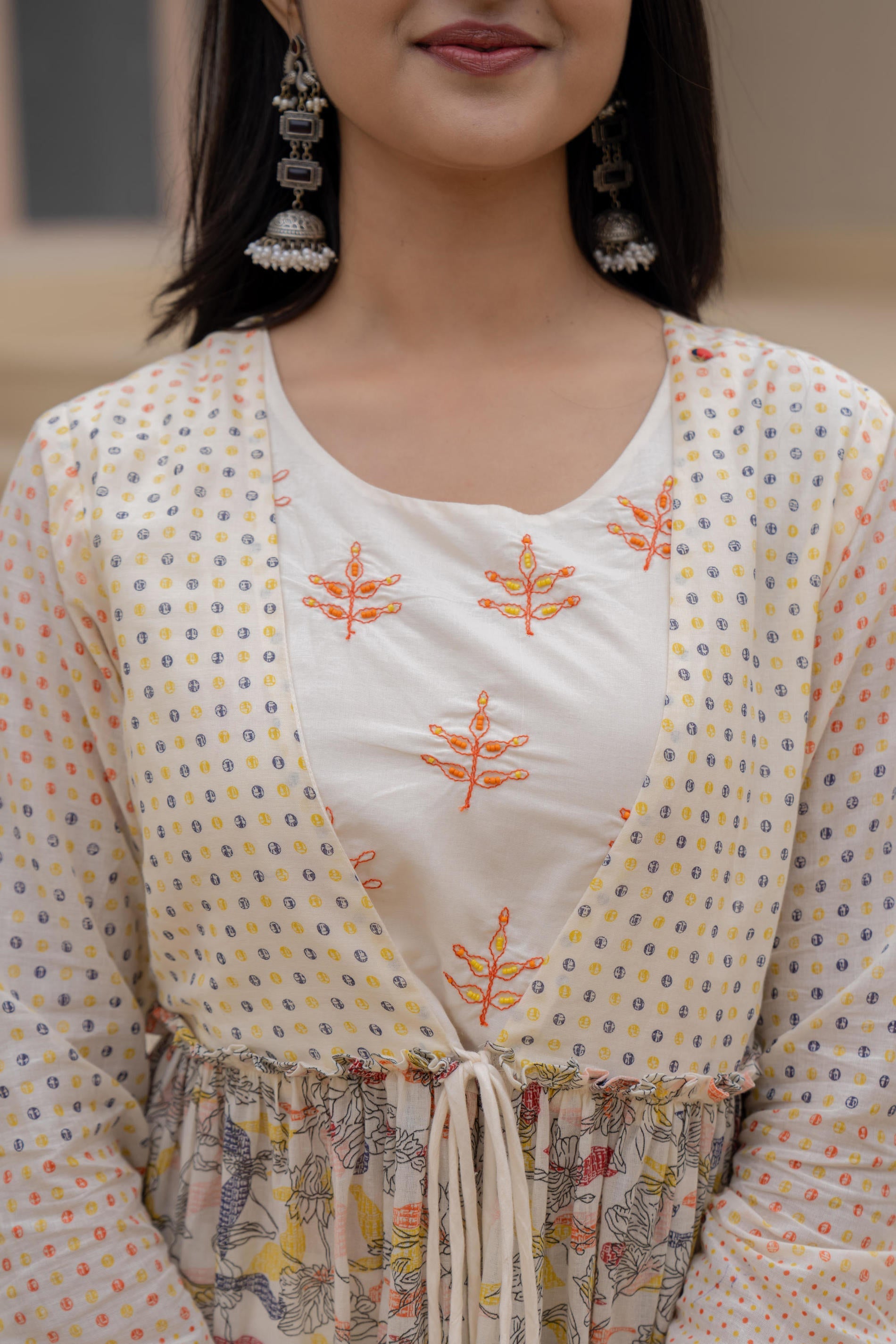 Juniper Ivory Embroidered & Printed Layered Dress Set with Dupatta | Grocsy