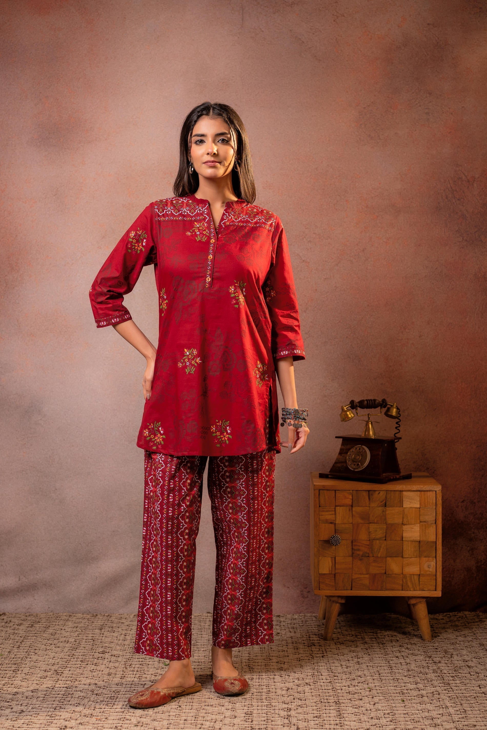 Juniper Maroon Blossom Printed Co-ord Set | Grocsy
