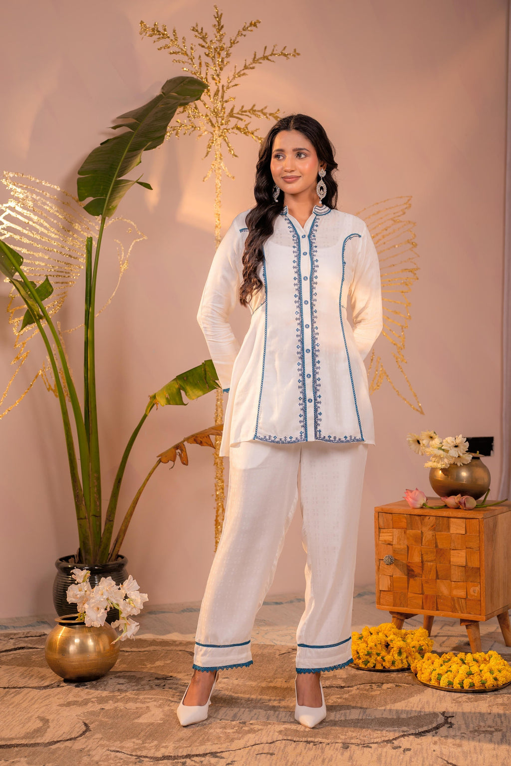 Juniper White Indigo Linework Kurta Set | Grocsy