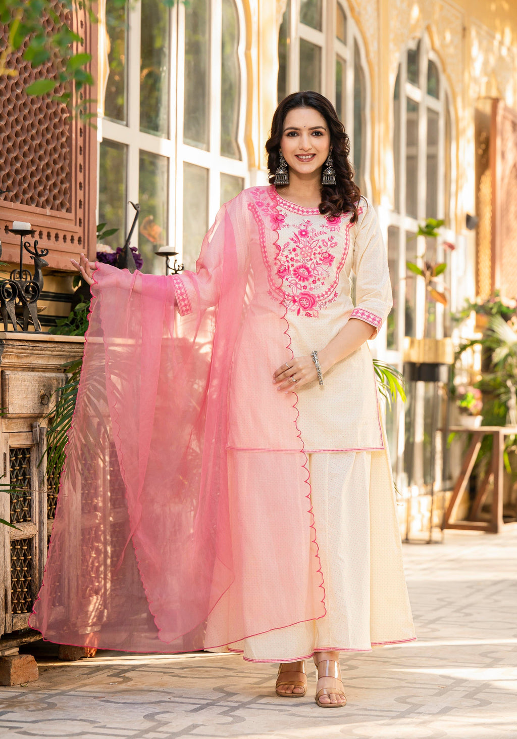 Juniper Ivory Ethnic Motif Printed Cotton Kurta Palazzo And Dupatta Set With Thread & Mirror Work | Grocsy