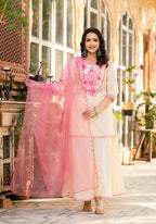 Juniper Ivory Ethnic Motif Printed Cotton Kurta Palazzo And Dupatta Set With Thread & Mirror Work | Grocsy