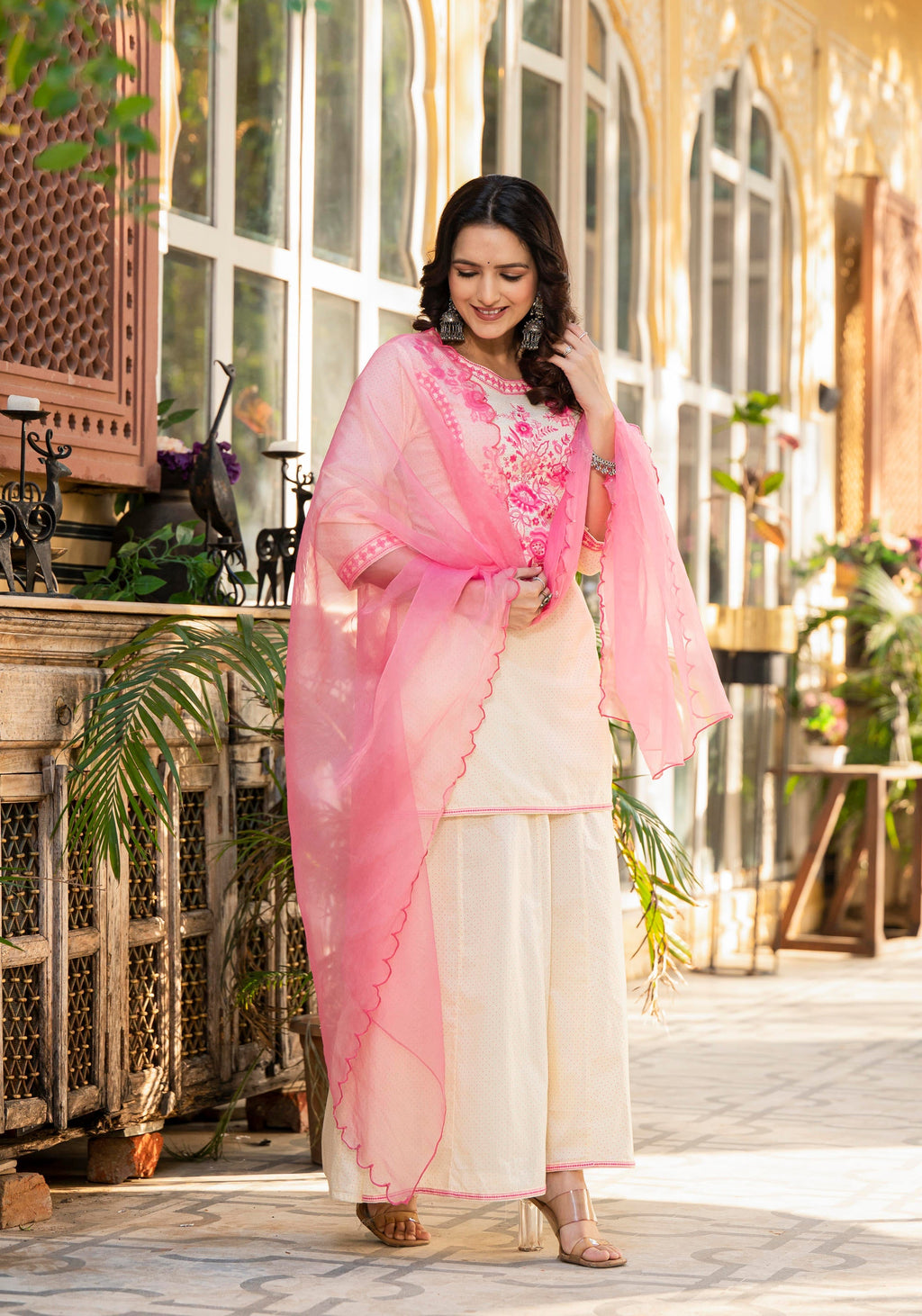 Juniper Ivory Ethnic Motif Printed Cotton Kurta Palazzo And Dupatta Set With Thread & Mirror Work | Grocsy