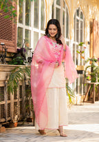 Juniper Ivory Ethnic Motif Printed Cotton Kurta Palazzo And Dupatta Set With Thread & Mirror Work | Grocsy