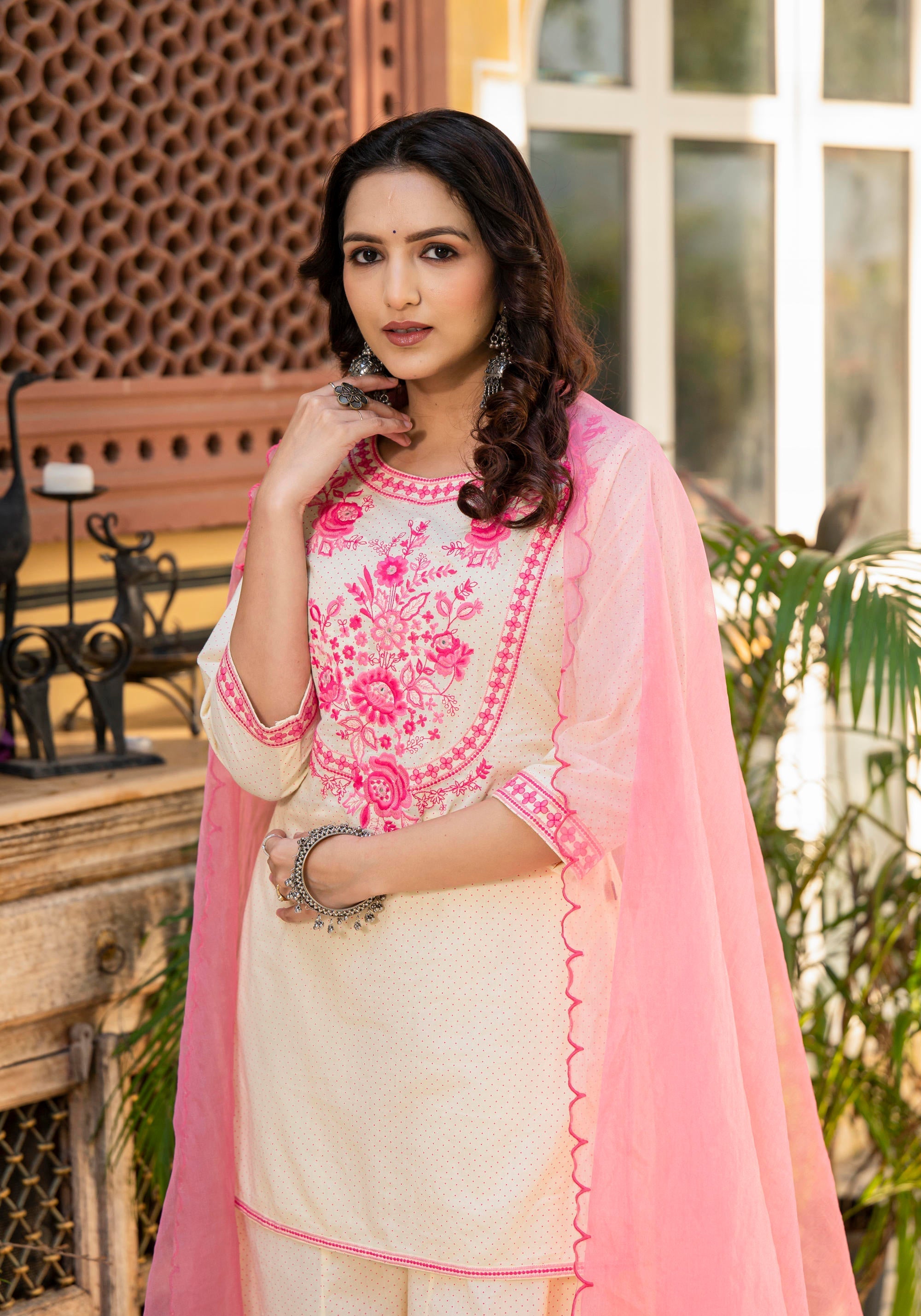 Juniper Ivory Ethnic Motif Printed Cotton Kurta Palazzo And Dupatta Set With Thread & Mirror Work | Grocsy