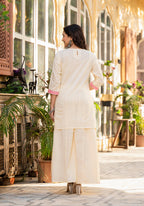 Juniper Ivory Ethnic Motif Printed Cotton Kurta Palazzo And Dupatta Set With Thread & Mirror Work | Grocsy