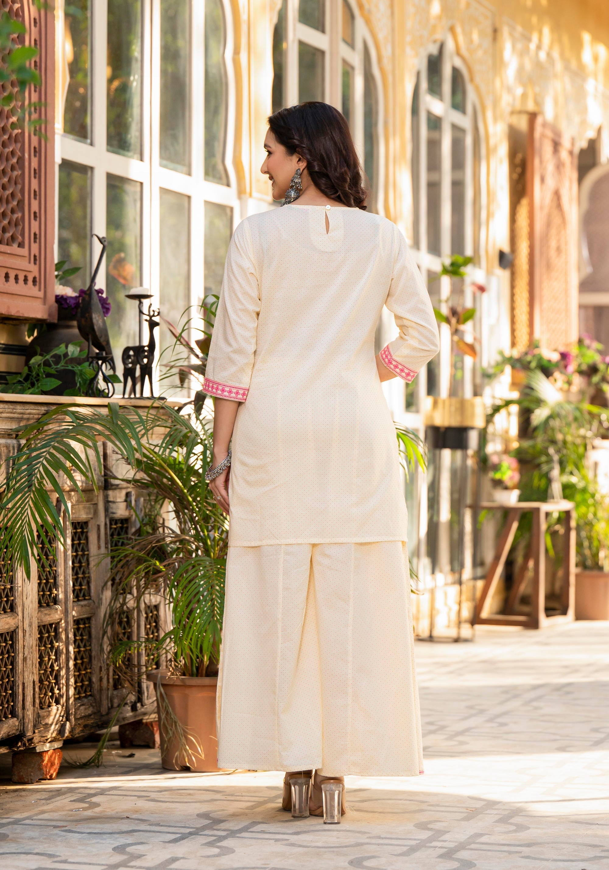 Juniper Ivory Ethnic Motif Printed Cotton Kurta Palazzo And Dupatta Set With Thread & Mirror Work | Grocsy