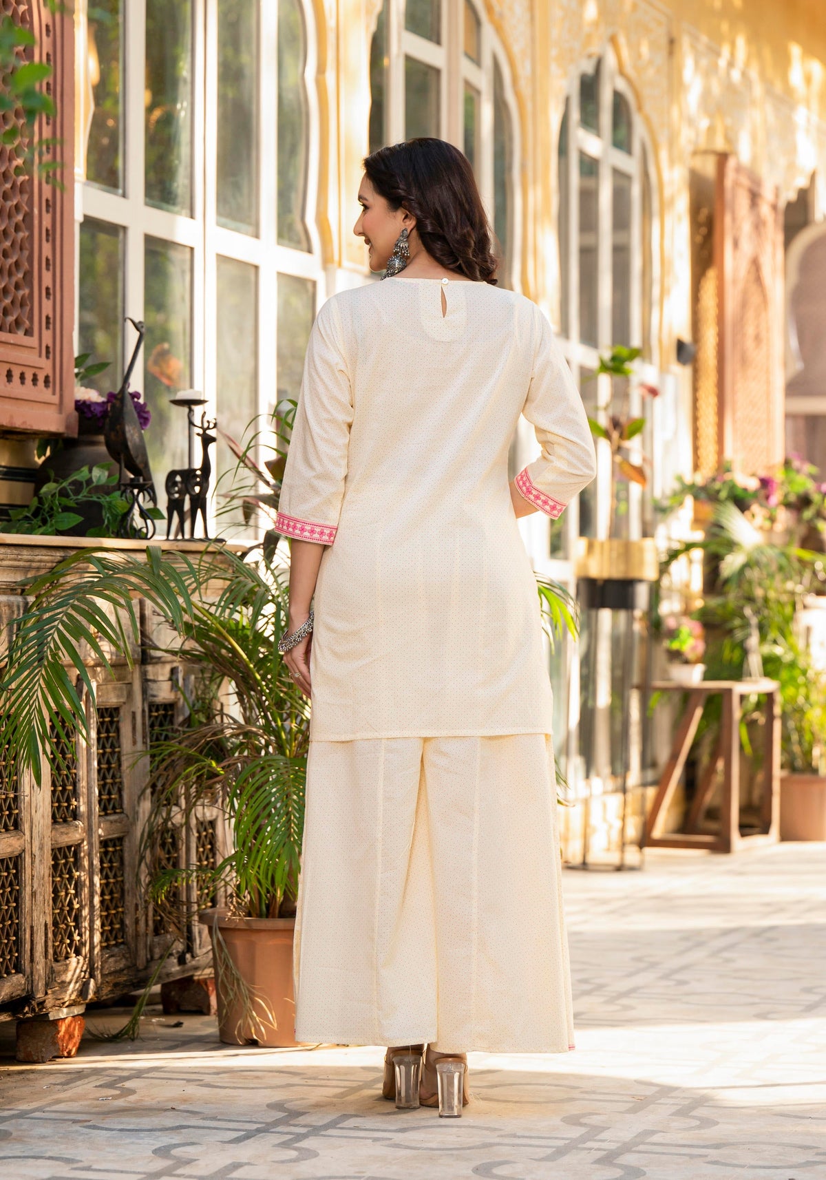 Juniper Ivory Ethnic Motif Printed Cotton Kurta Palazzo And Dupatta Set With Thread & Mirror Work | Grocsy