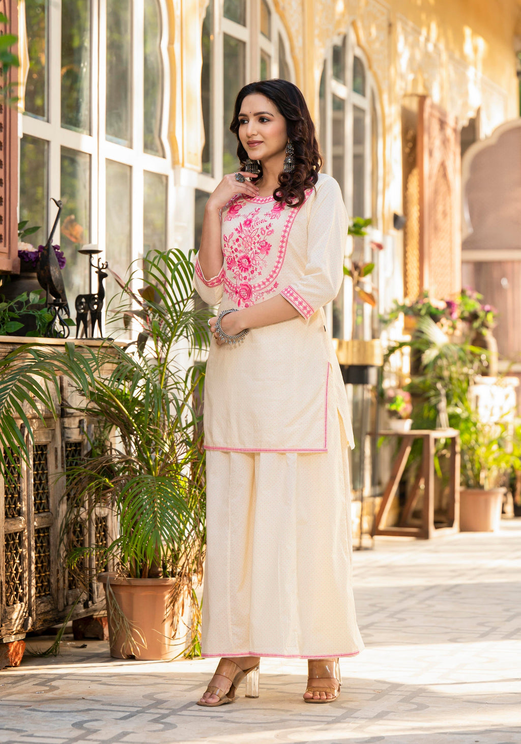 Juniper Ivory Ethnic Motif Printed Cotton Kurta Palazzo And Dupatta Set With Thread & Mirror Work | Grocsy