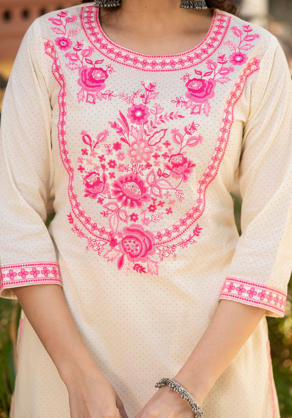 Juniper Ivory Ethnic Motif Printed Cotton Kurta Palazzo And Dupatta Set With Thread & Mirror Work | Grocsy