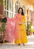 Juniper Mustard Ethnic Motif Printed Cotton Kurta Palazzo And Dupatta Set With Thread & Mirror Work | Grocsy