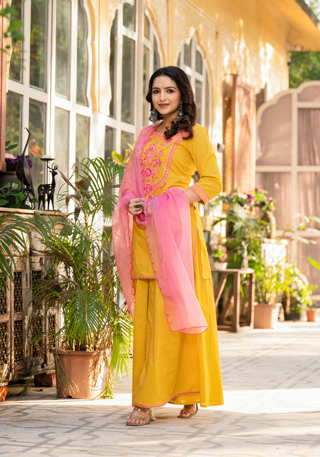 Juniper Mustard Ethnic Motif Printed Cotton Kurta Palazzo And Dupatta Set With Thread & Mirror Work | Grocsy