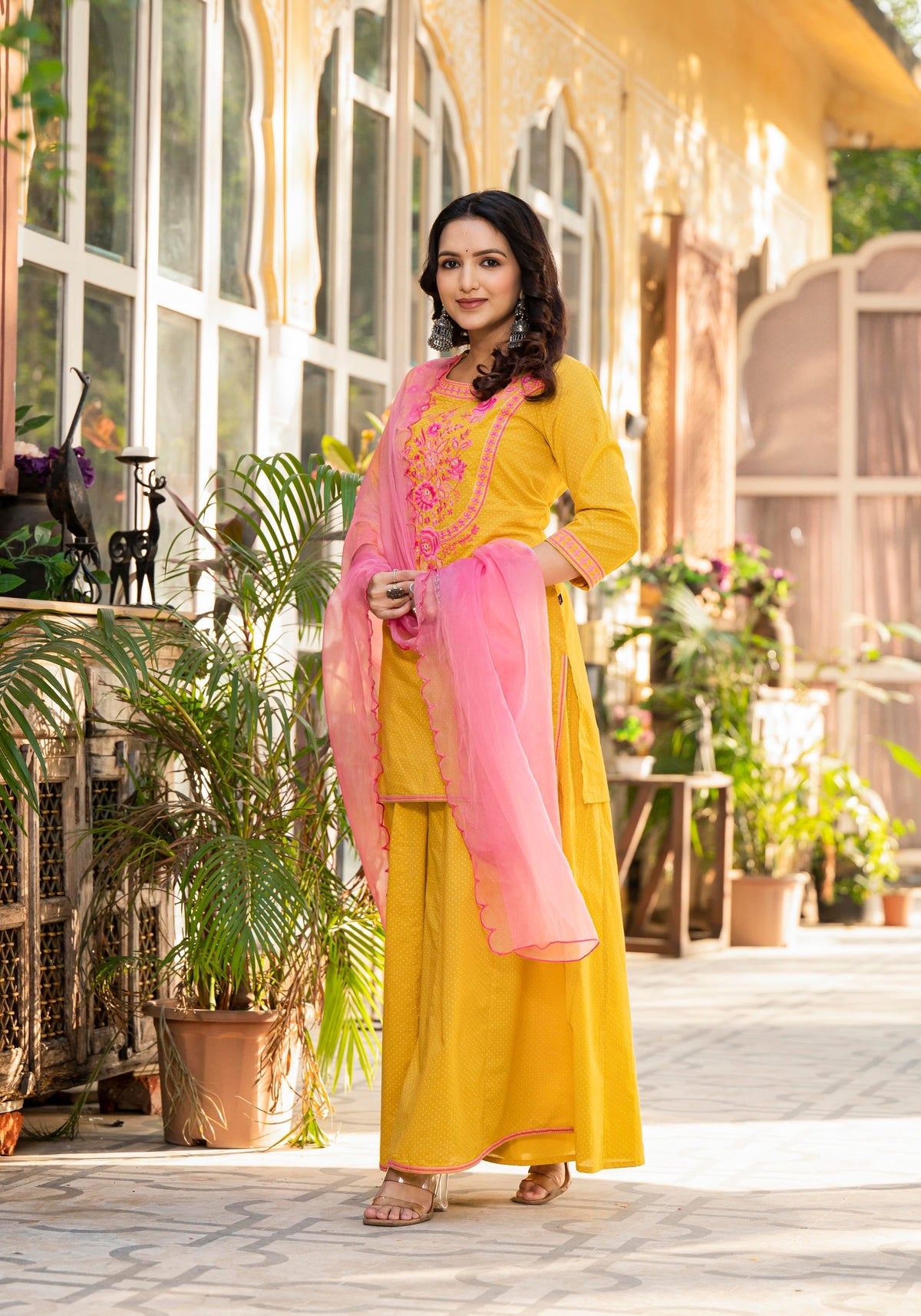 Juniper Mustard Ethnic Motif Printed Cotton Kurta Palazzo And Dupatta Set With Thread & Mirror Work | Grocsy