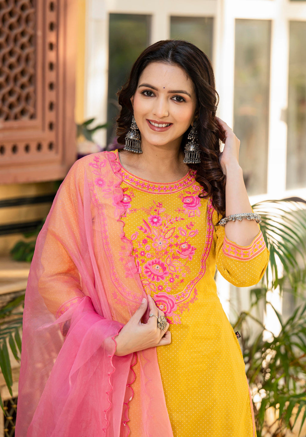 Juniper Mustard Ethnic Motif Printed Cotton Kurta Palazzo And Dupatta Set With Thread & Mirror Work | Grocsy