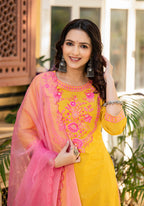 Juniper Mustard Ethnic Motif Printed Cotton Kurta Palazzo And Dupatta Set With Thread & Mirror Work | Grocsy