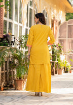 Juniper Mustard Ethnic Motif Printed Cotton Kurta Palazzo And Dupatta Set With Thread & Mirror Work | Grocsy