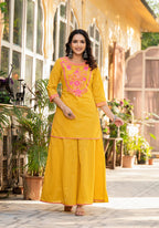 Juniper Mustard Ethnic Motif Printed Cotton Kurta Palazzo And Dupatta Set With Thread & Mirror Work | Grocsy