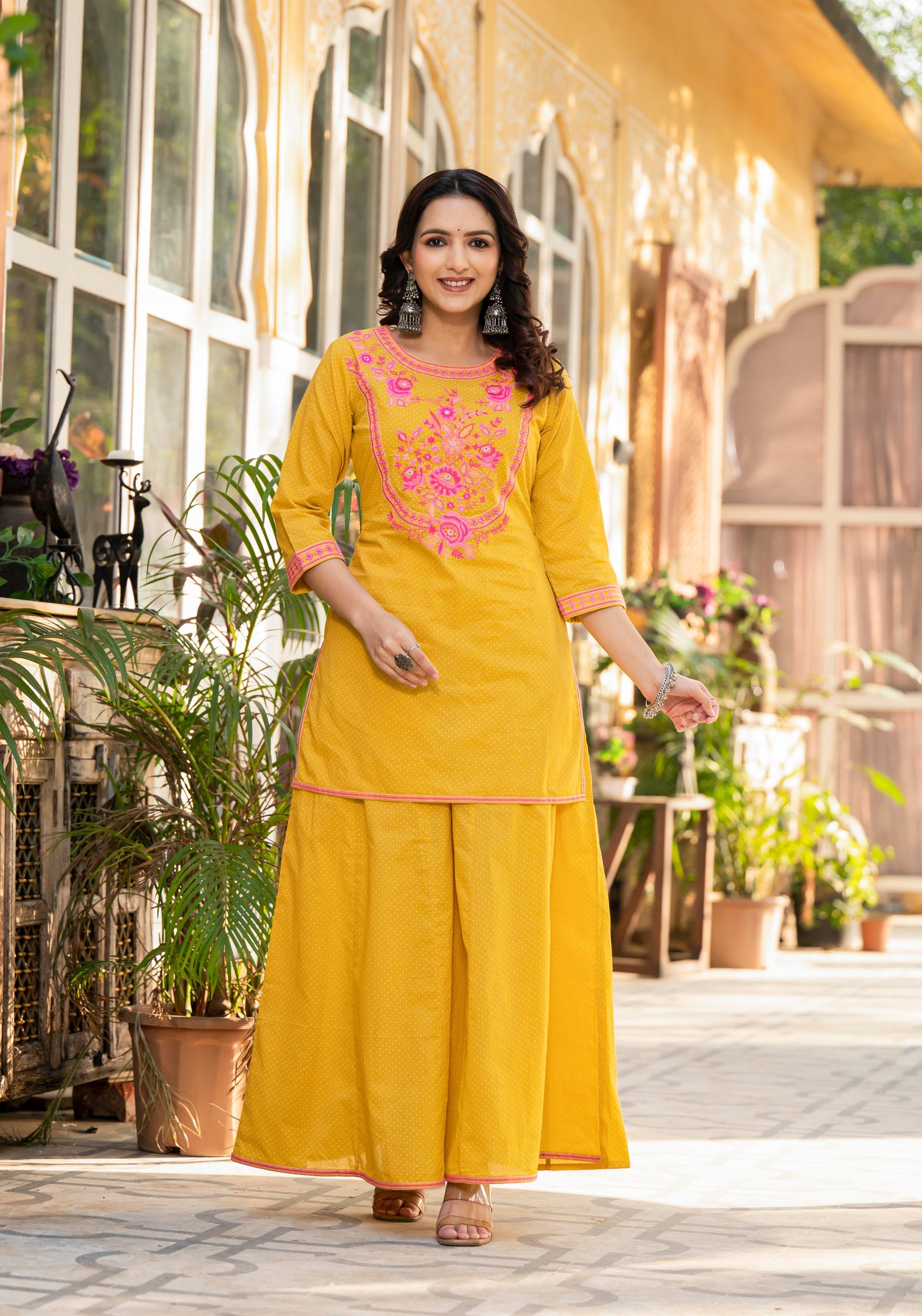 Juniper Mustard Ethnic Motif Printed Cotton Kurta Palazzo And Dupatta Set With Thread & Mirror Work | Grocsy