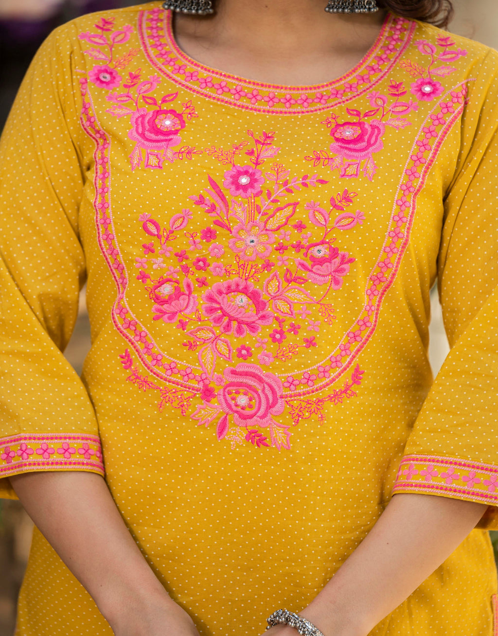Juniper Mustard Ethnic Motif Printed Cotton Kurta Palazzo And Dupatta Set With Thread & Mirror Work | Grocsy