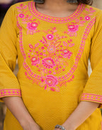 Juniper Mustard Ethnic Motif Printed Cotton Kurta Palazzo And Dupatta Set With Thread & Mirror Work | Grocsy