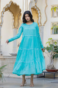Juniper Blue Solid Cotton Long Dress With Lace | Grocsy