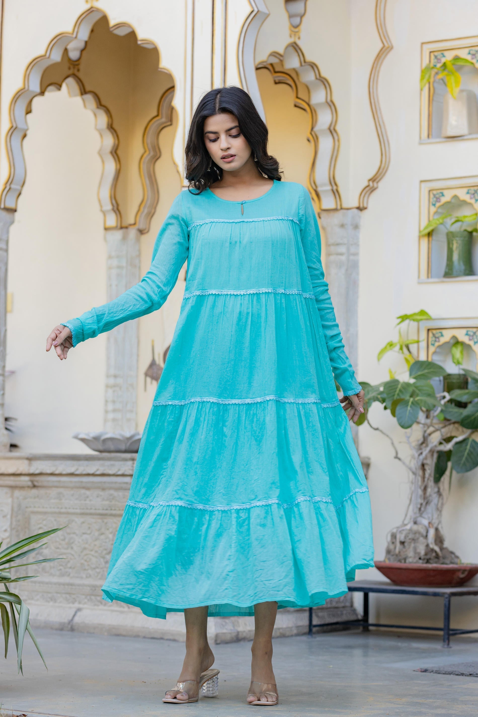 Juniper Blue Solid Cotton Long Dress With Lace | Grocsy