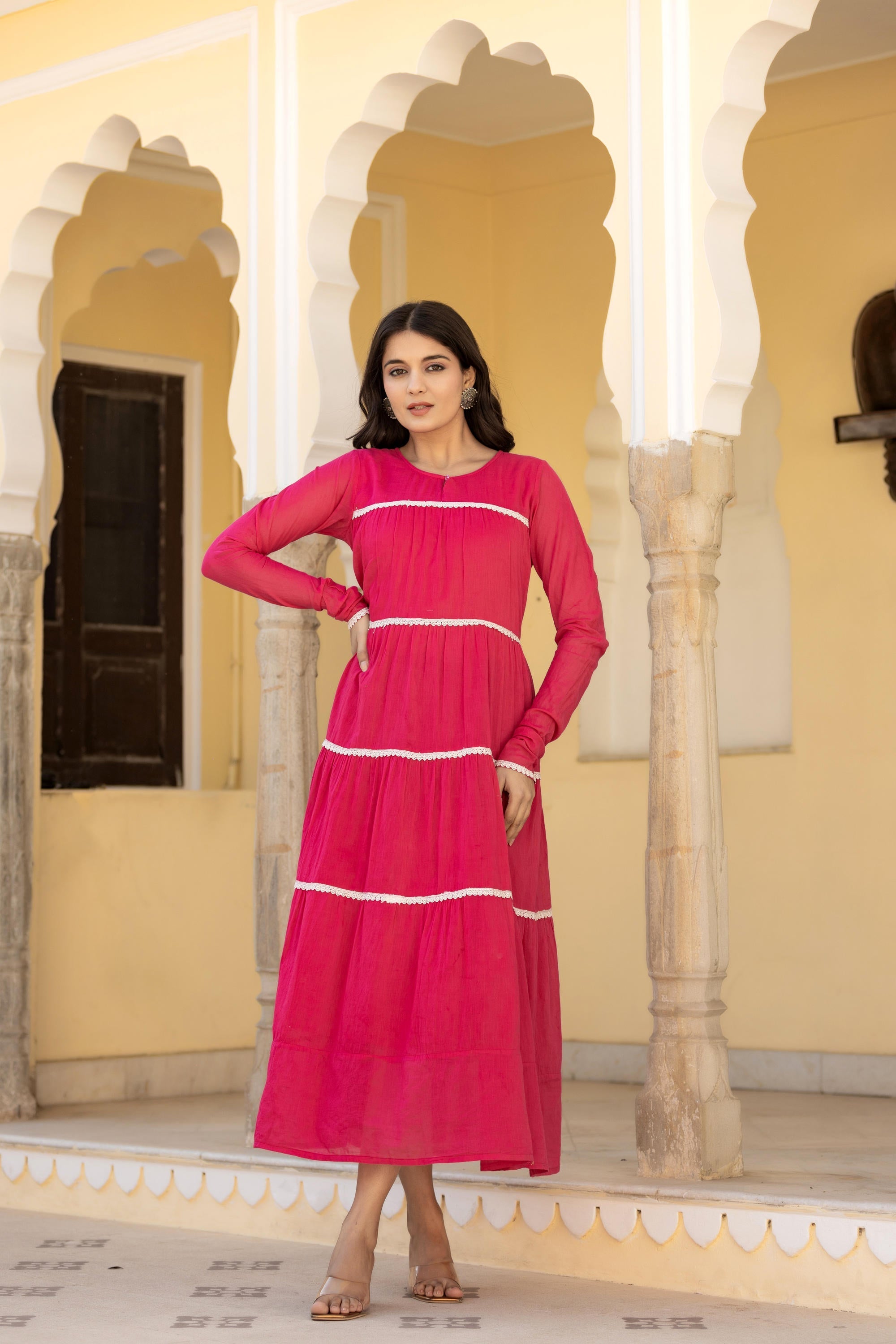 Juniper Fuchsia Tiered Ethnic Maxi Dress with Lace Inserts | Grocsy