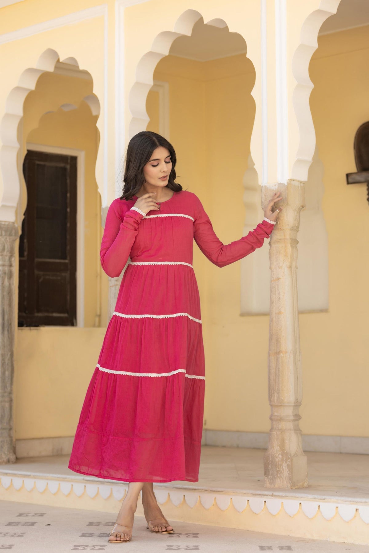 Juniper Fuchsia Tiered Ethnic Maxi Dress with Lace Inserts | Grocsy